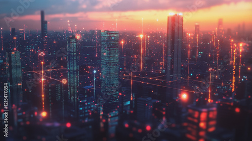 Wallpaper Mural Smart digital Innovation city with connection network reciprocity over the twilight cityscape. of future smart wireless digital city and social media networking systems that connects people with city Torontodigital.ca