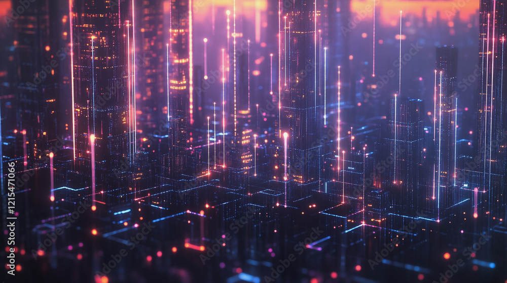 Fototapeta premium Smart digital Innovation city with connection network reciprocity over the twilight cityscape. of future smart wireless digital city and social media networking systems that connects people with city