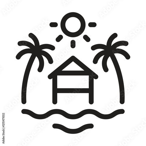 Beach hut with palm trees icon. Editable line icon. Vector illustration