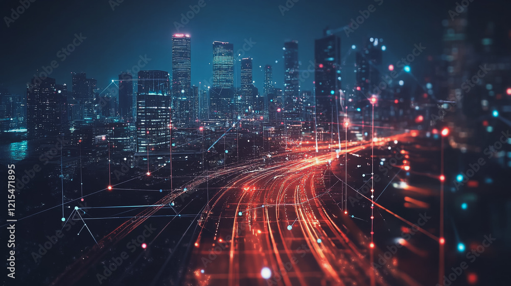 Smart digital Innovation city with connection network reciprocity over the twilight cityscape. of future smart wireless digital city and social media networking systems that connects people with city Smart digital Innovation city with connection network reciprocity over the twilight cityscape. of future smart wireless digital city and social media networking systems that connects people with city