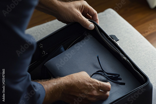 A focused traveler meticulously organizing travel essentials into a sleek, minimalist suitcase photo