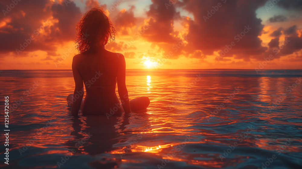 Woman sitting in ocean at sunset, back to viewer. Woman sitting in ocean at sunset, back to viewer.