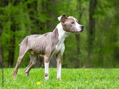 An emaciated Pit Bull Terrier mixed breed dog