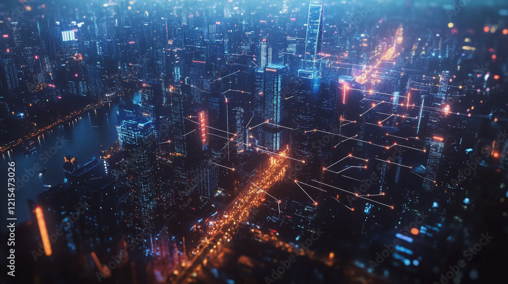 Obraz premium Smart digital Innovation city with connection network reciprocity over the twilight cityscape. of future smart wireless digital city and social media networking systems that connects people with city
