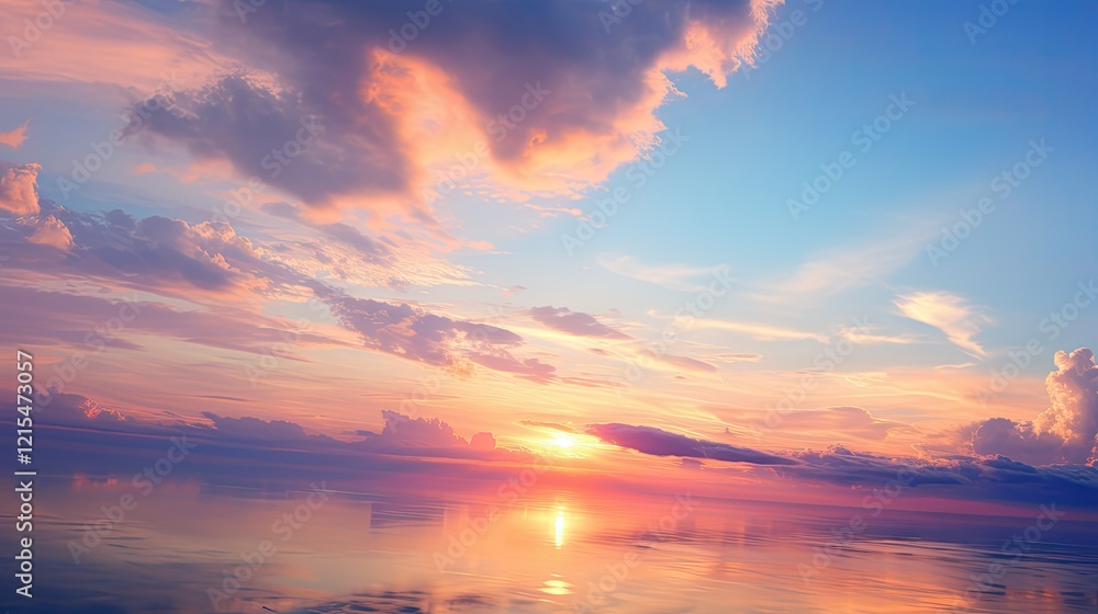 Fototapeta premium Serene Sunset: Pastel Sky, Calm Water Reflection