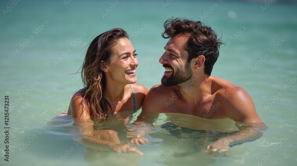Happy couple smiling while enjoying summer vacation and communication Happy couple smiling while enjoying summer vacation and communication