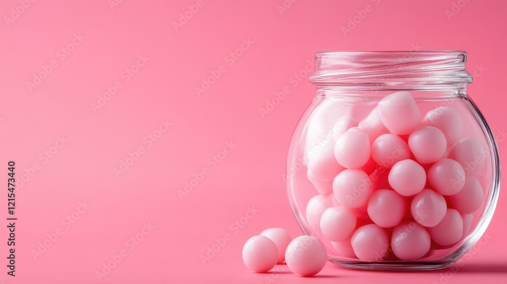 Pink gumballs in glass jar against pink background Pink gumballs in glass jar against pink background