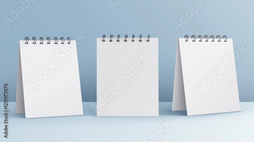 Desk calendar with spiral mockup. Realistic 3d vector set of vertical and square table flip planner with white empty paper pages in different angles of view. Standing desktop schedule template. photo