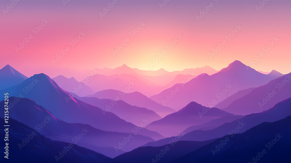 A glowing mountain range surrounded by natural. misty mountain ridges fading into the horizon. Dawn Ridge. Illustration A glowing mountain range surrounded by natural. misty mountain ridges fading into the horizon. Dawn Ridge. Illustration