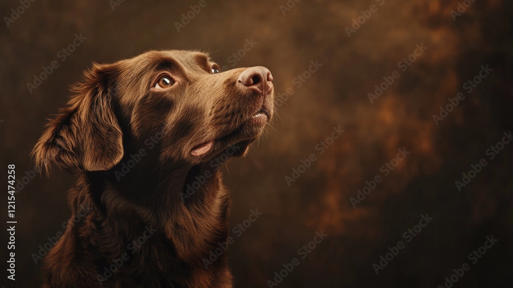 Chocolate brown dog gazes upward against dark background Chocolate brown dog gazes upward against dark background