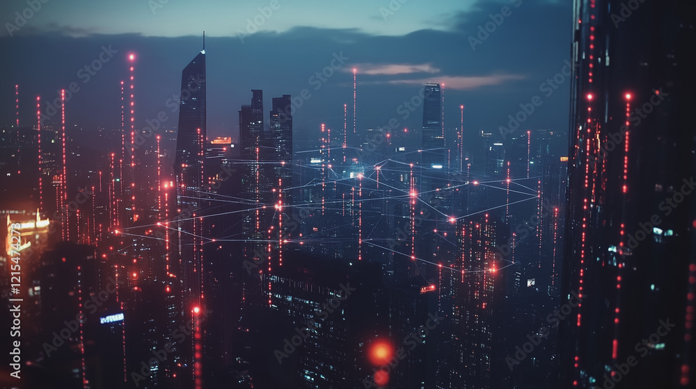 Fototapeta premium Smart digital Innovation city with connection network reciprocity over the twilight cityscape. of future smart wireless digital city and social media networking systems that connects people with city