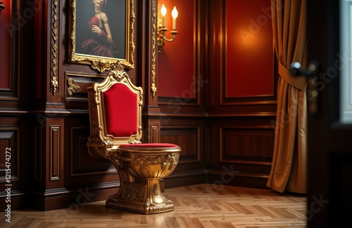 Luxurious royal bathroom interior features golden toilet throne. Elegant red velvet seat complements ornate golden bowl. Room rich dark wood paneling, red walls. Antique style decor, vintage design photo