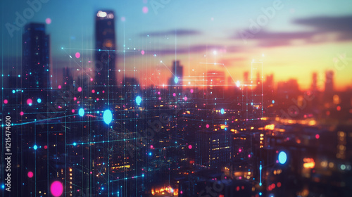 Wallpaper Mural Smart digital Innovation city with connection network reciprocity over the twilight cityscape. of future smart wireless digital city and social media networking systems that connects people with city Torontodigital.ca