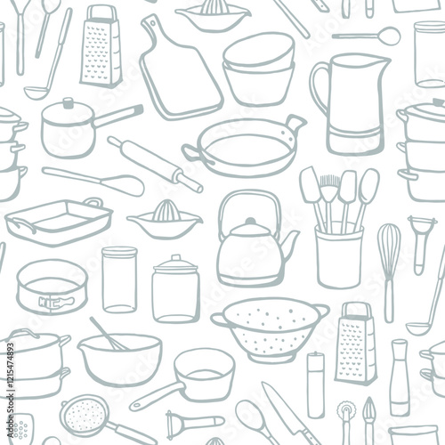 Seamless pattern with hand drawn cookware