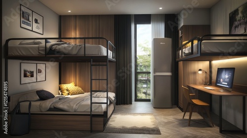 Hostel room, student bedroom in dormitory with bunk bed, computer on desk, wardrobe and fridge. Vector cartoon interior of college dorm, guest accommodation, budget apartment for tourist