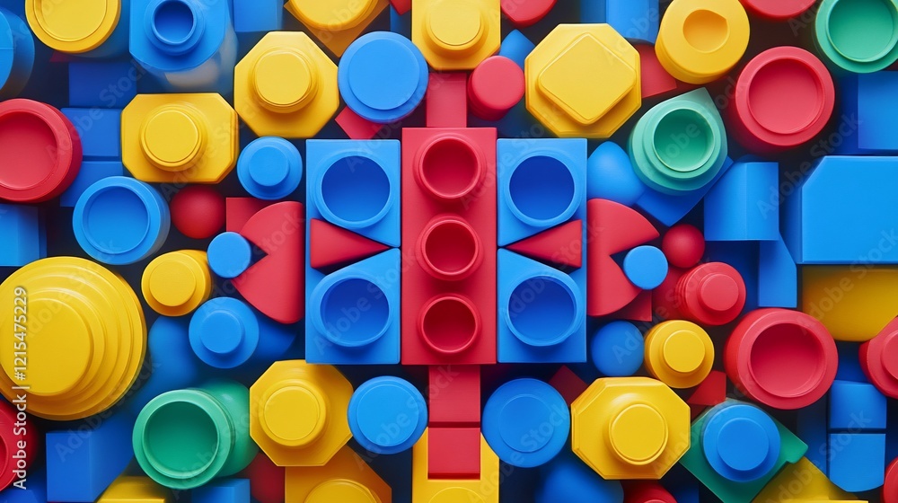 Geometric shapes in primary colors arranged in a pattern, creating a playful design Geometric shapes in primary colors arranged in a pattern, creating a playful design