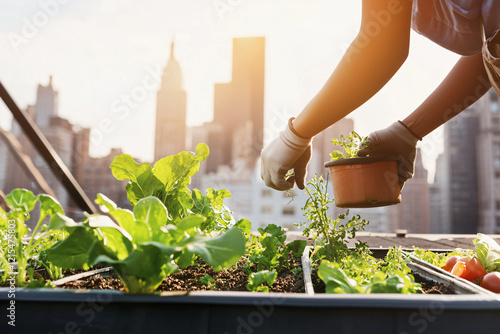 Urban gardener tending rooftop vegetable garden, city skyline in soft background photo