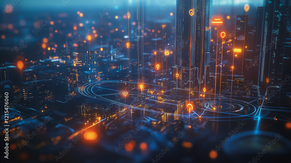 Obraz premium Smart digital Innovation city with connection network reciprocity over the twilight cityscape. of future smart wireless digital city and social media networking systems that connects people with city