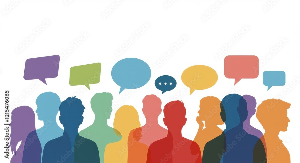 colorful silhouettes, diverse crowd, speech bubbles, communication concept, rainbow colors, social dialogue, community discourse, opinion sharing, vibrant discussion, multicultural group, inclusive co colorful silhouettes, diverse crowd, speech bubbles, communication concept, rainbow colors, social dialogue, community discourse, opinion sharing, vibrant discussion, multicultural group, inclusive co