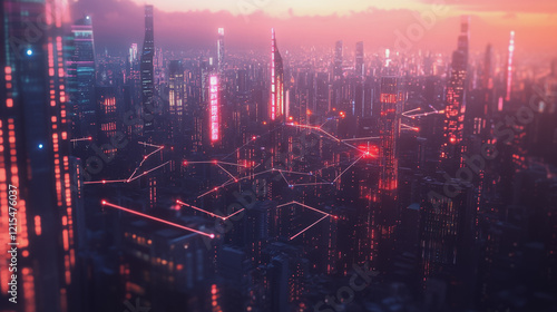 Wallpaper Mural Smart digital Innovation city with connection network reciprocity over the twilight cityscape. of future smart wireless digital city and social media networking systems that connects people with city Torontodigital.ca