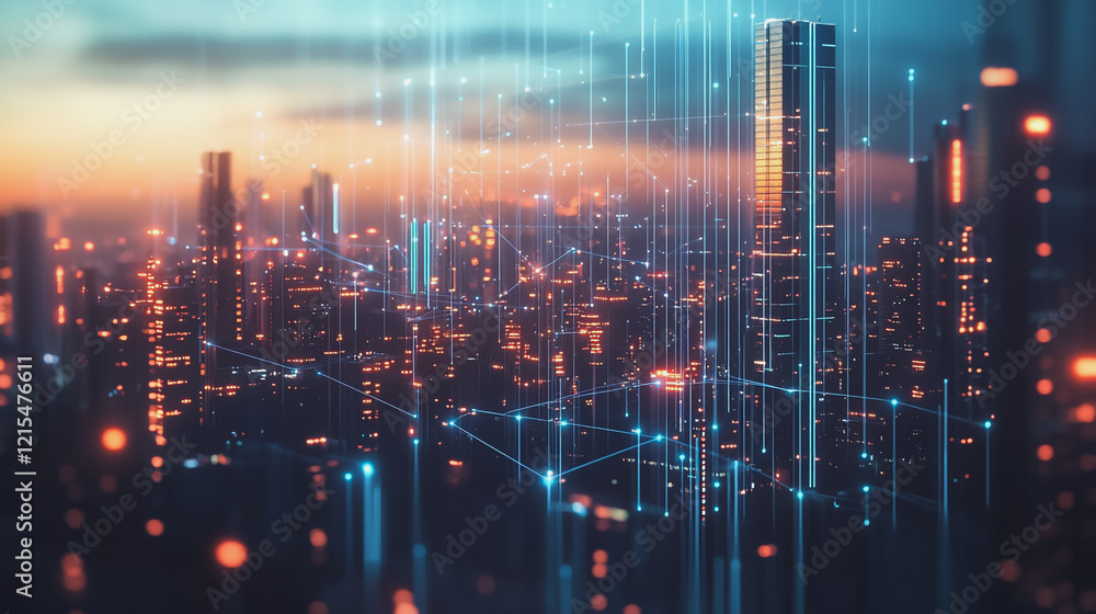 Fototapeta premium Smart digital Innovation city with connection network reciprocity over the twilight cityscape. of future smart wireless digital city and social media networking systems that connects people with city
