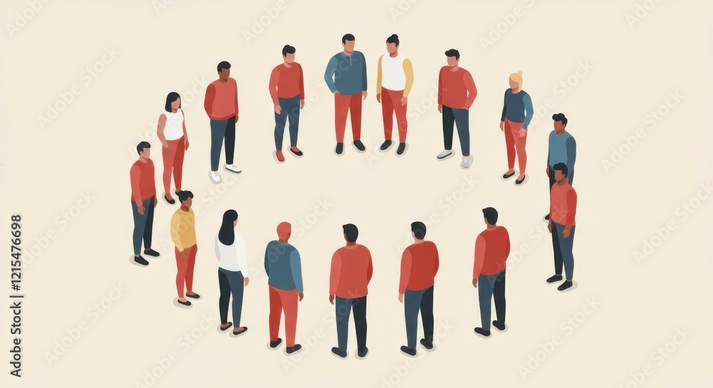 Fototapeta premium Minimalist illustration, diverse group of people, circular formation, textured background, flat design, stylized figures, varied clothing colors, business casual attire, community concept, unity repre