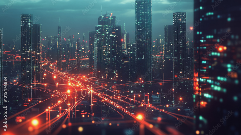 Smart digital Innovation city with connection network reciprocity over the twilight cityscape. of future smart wireless digital city and social media networking systems that connects people with city Smart digital Innovation city with connection network reciprocity over the twilight cityscape. of future smart wireless digital city and social media networking systems that connects people with city