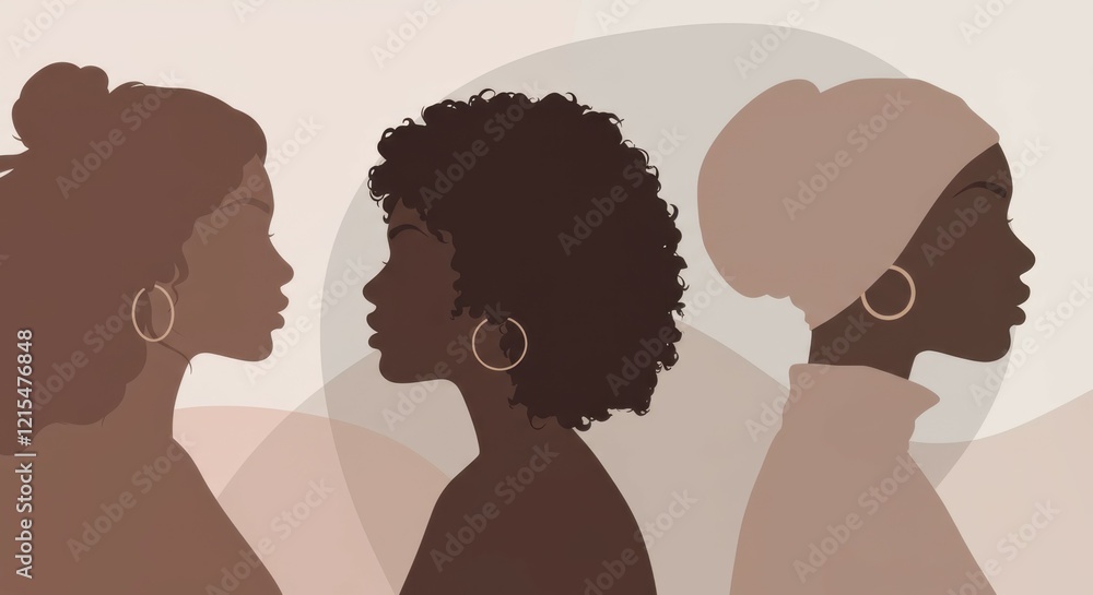 Silhouette profiles, diverse women, textured background, minimalist art, earth tones, afro hairstyle, hoop earrings, female empowerment, unity in diversity, side view portraits, layered composition, s Silhouette profiles, diverse women, textured background, minimalist art, earth tones, afro hairstyle, hoop earrings, female empowerment, unity in diversity, side view portraits, layered composition, s
