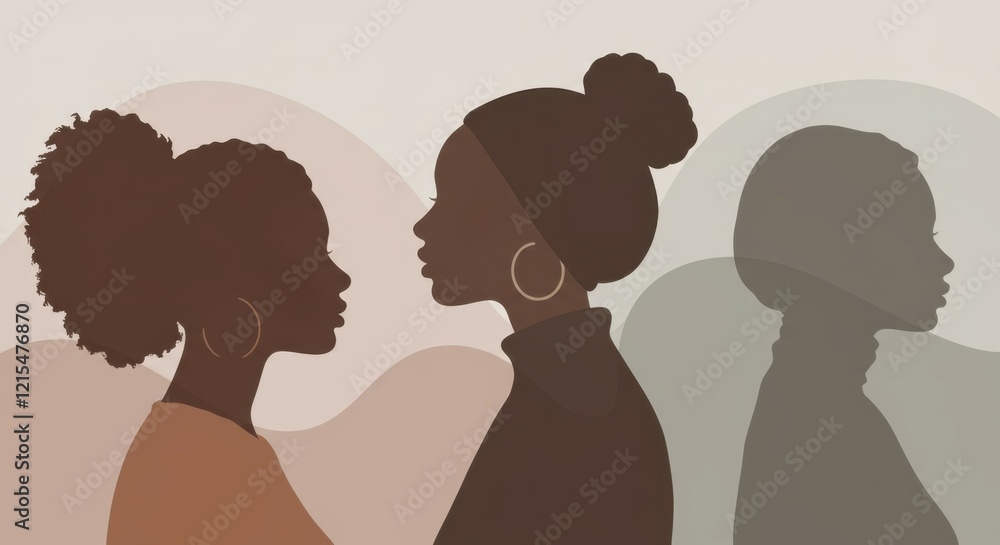 Silhouette profiles, diverse women, textured background, minimalist art, earth tones, afro hairstyle, hoop earrings, female empowerment, unity in diversity, side view portraits, layered composition, s Silhouette profiles, diverse women, textured background, minimalist art, earth tones, afro hairstyle, hoop earrings, female empowerment, unity in diversity, side view portraits, layered composition, s