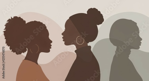 Silhouette profiles, diverse women, textured background, minimalist art, earth tones, afro hairstyle, hoop earrings, female empowerment, unity in diversity, side view portraits, layered composition, s photo