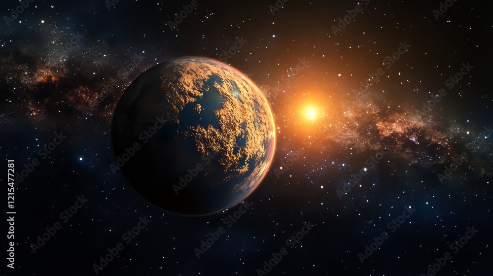 Obraz premium Planet horizon with bright orange glow. Realistic vector illustration of view from outer space on abstract sunrise or sunset light. Dark cosmos starry background with astronomy flare effect.