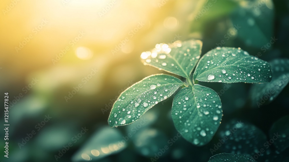 Vibrant green clover with dew drops bathed in golden sunlight, symbolizing luck and renewal in nature's embrace. Vibrant green clover with dew drops bathed in golden sunlight, symbolizing luck and renewal in nature's embrace.
