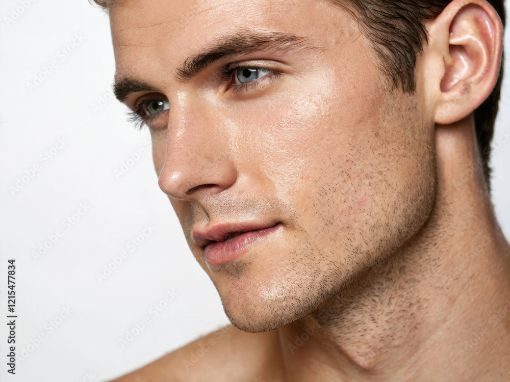Fototapeta premium Close-up portrait of young caucasian male with light stubble and blue eyes