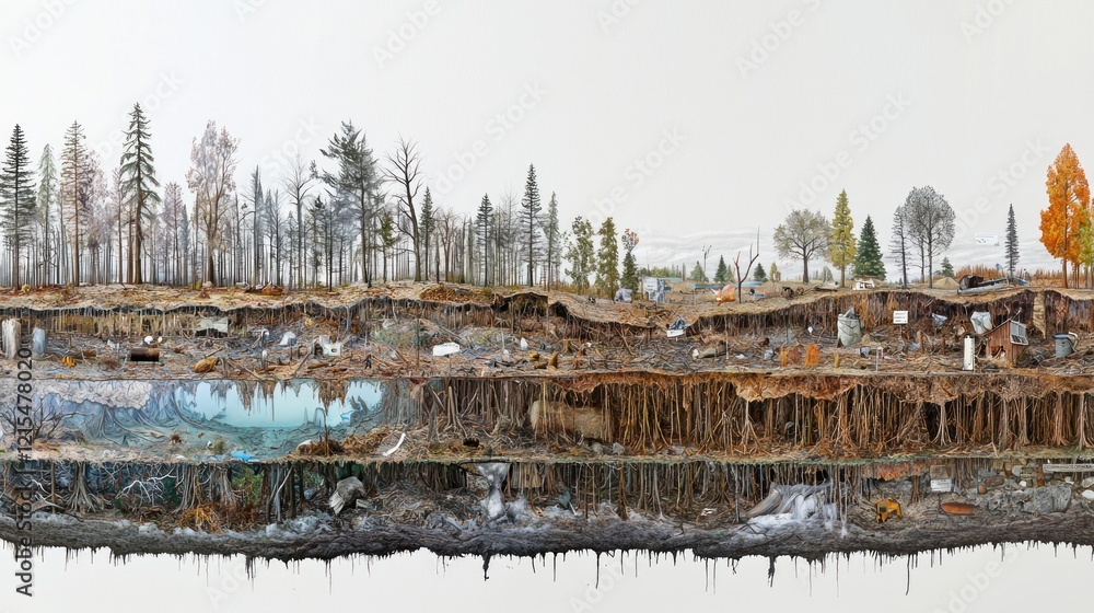 Forest fire aftermath, cross-section, soil erosion, debris, environmental damage Forest fire aftermath, cross-section, soil erosion, debris, environmental damage