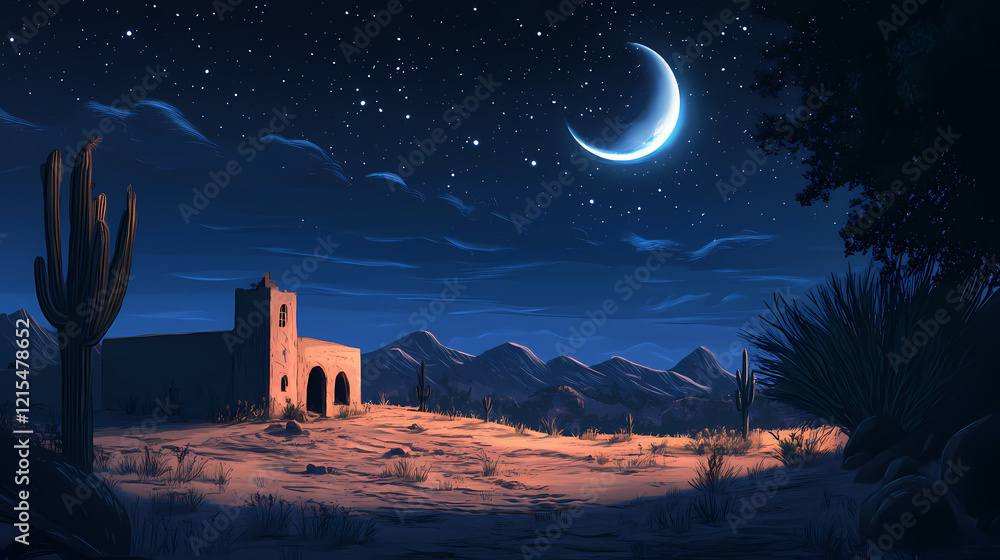 Fototapeta premium Night landscape illustration: moonlit desert haven. Desert Haven. Illustration