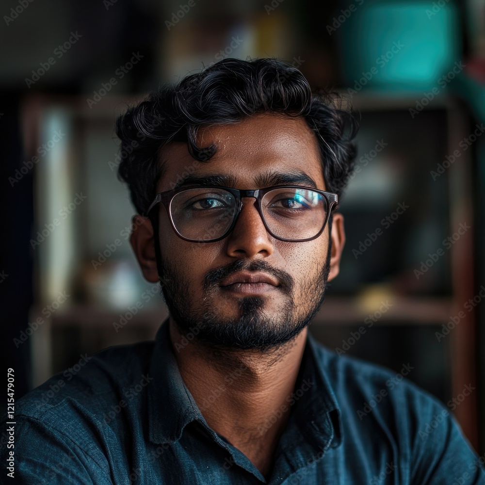 Young Man with Glasses, Serious Expression, Close-Up Portrait Young Man with Glasses, Serious Expression, Close-Up Portrait