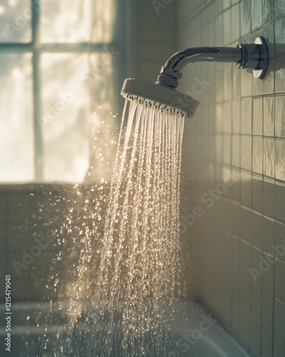 Sunlit shower stream in tiled bathroom ambiance