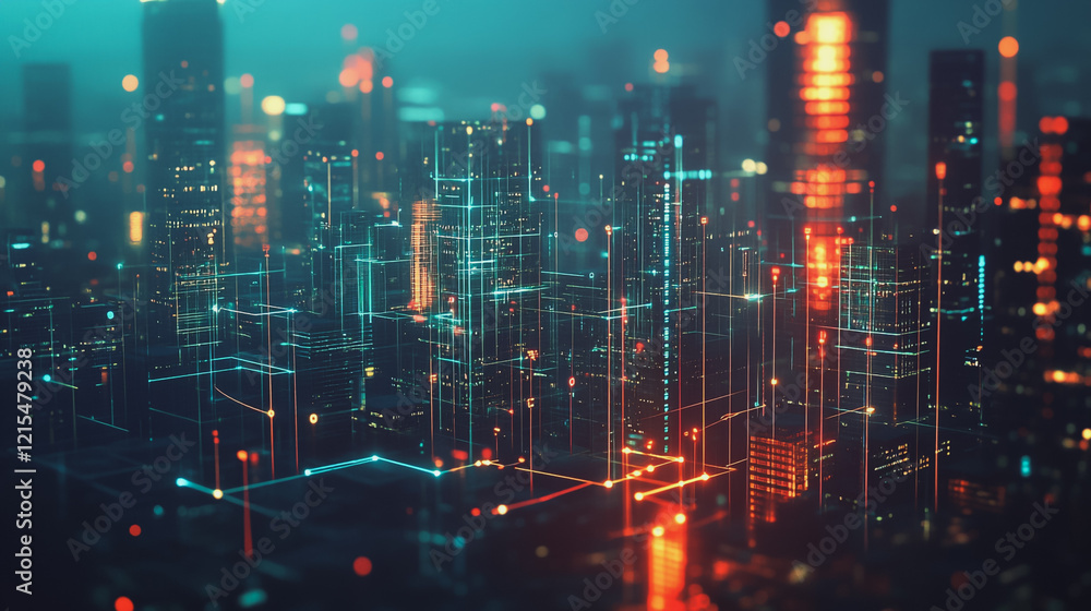 Obraz premium Smart digital Innovation city with connection network reciprocity over the twilight cityscape. of future smart wireless digital city and social media networking systems that connects people with city