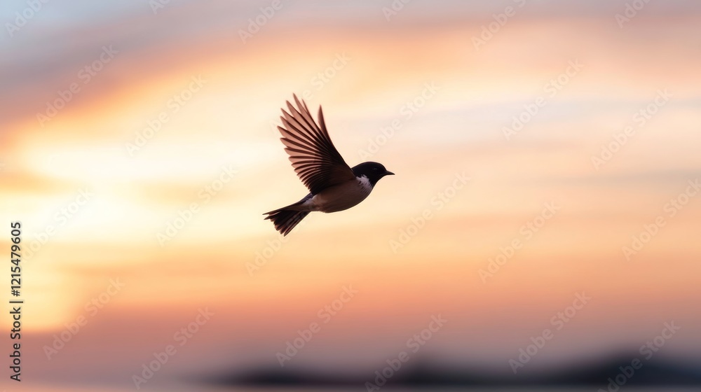 Fototapeta premium A lone bird soars against a vibrant sunset, with wings spread wide, capturing freedom and the beauty of nature in motion.
