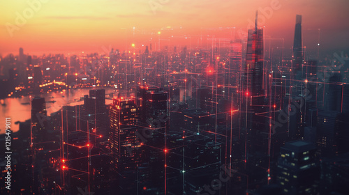 Wallpaper Mural Smart digital Innovation city with connection network reciprocity over the twilight cityscape. of future smart wireless digital city and social media networking systems that connects people with city Torontodigital.ca