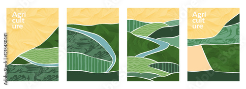 Farm field agriculture pattern of rice, wheat, corn in organic landscape. Green rural vector background, nature layout. Abstract aerial view of farmland, hill, river. Cover template, brochure, poster