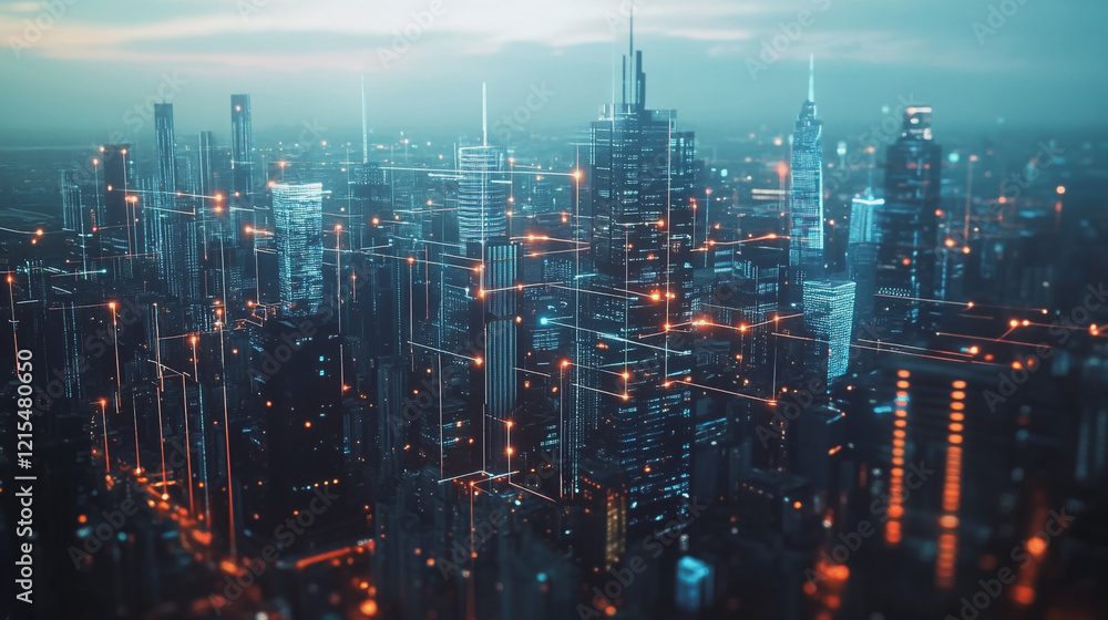 Fototapeta premium Smart digital Innovation city with connection network reciprocity over the twilight cityscape. of future smart wireless digital city and social media networking systems that connects people with city