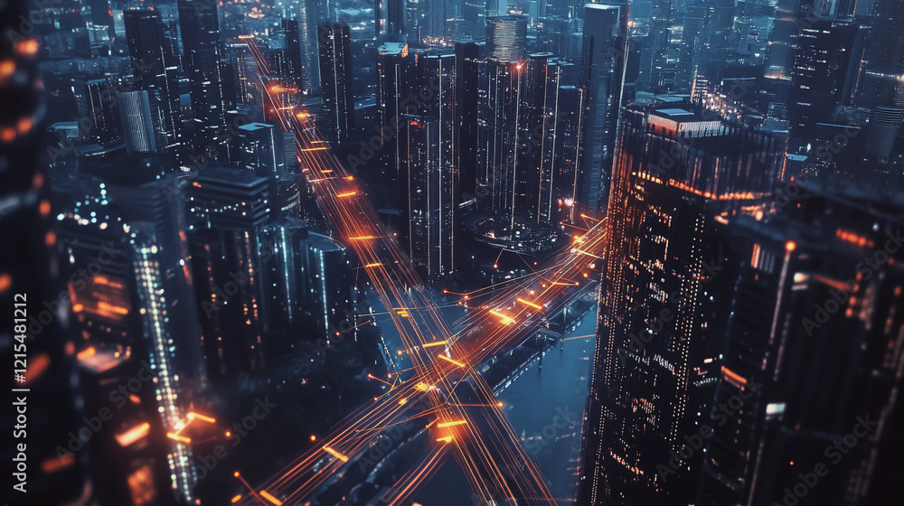 Smart digital Innovation city with connection network reciprocity over the twilight cityscape. of future smart wireless digital city and social media networking systems that connects people with city Smart digital Innovation city with connection network reciprocity over the twilight cityscape. of future smart wireless digital city and social media networking systems that connects people with city