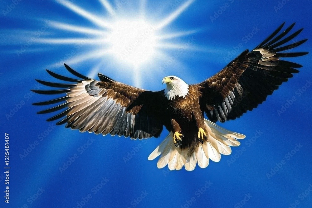 Obraz premium A wedge-tailed eagle soaring high in a cloudless blue sky, wings outstretched against the sunlight.