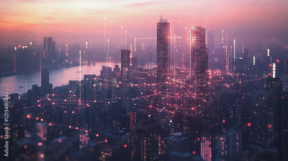 Smart digital Innovation city with connection network reciprocity over the twilight cityscape. of future smart wireless digital city and social media networking systems that connects people with city