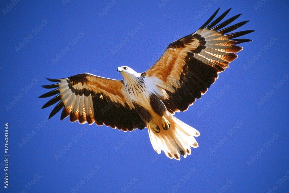 Naklejka premium A wedge-tailed eagle soaring high in a cloudless blue sky, wings outstretched against the sunlight.