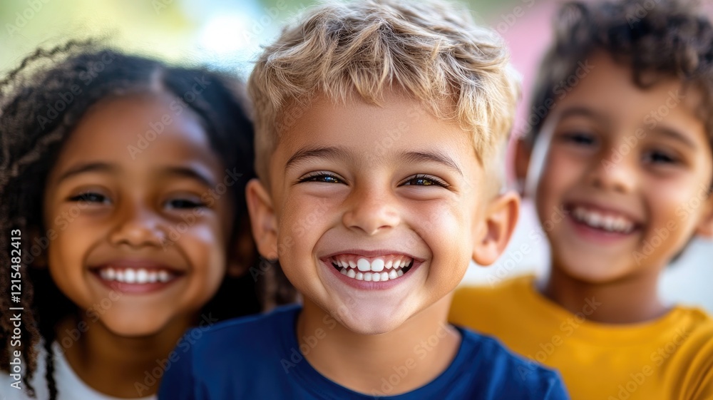 Three happy children smiling outdoors on sunny day Three happy children smiling outdoors on sunny day
