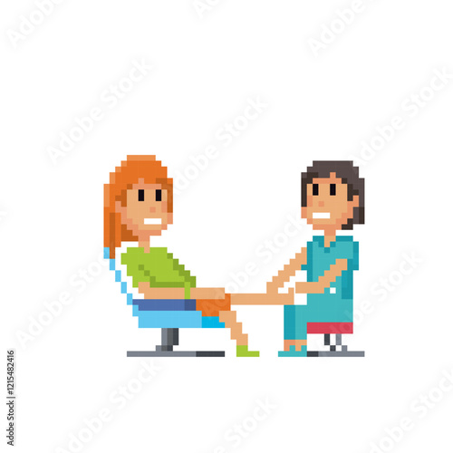 Pedicurist at work pixel art icon. Design for logo, web, mobile app, sticker, badges and patches. Video game sprite. 8-bit. Isolated vector illustration.