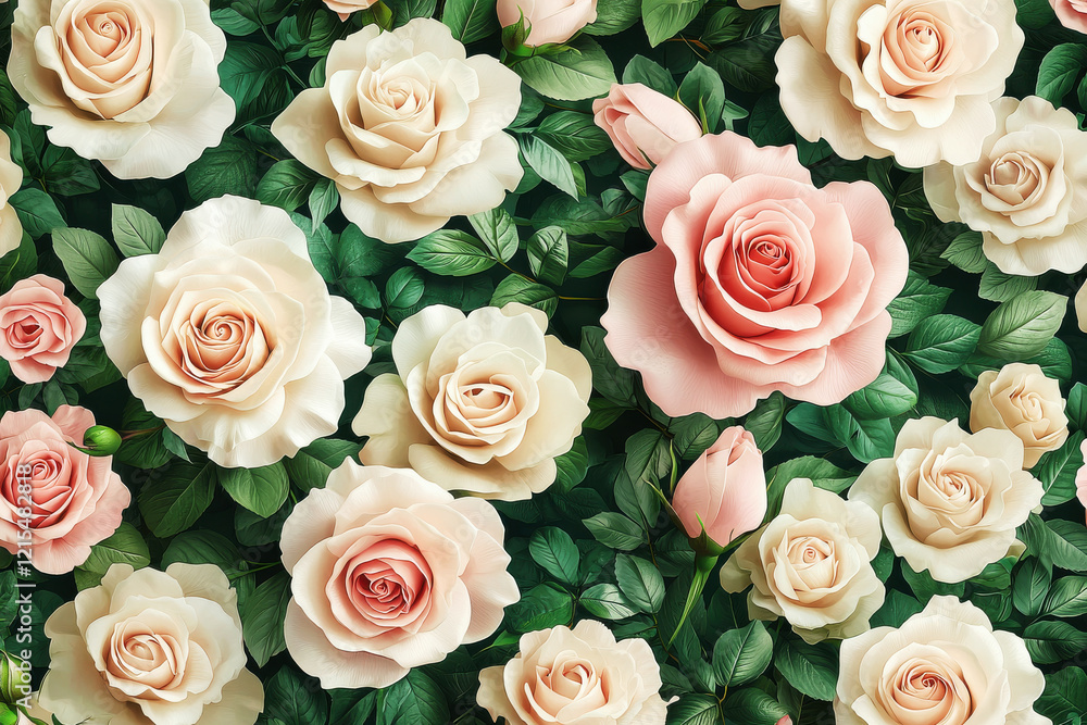 Elegant floral pattern featuring blush pink and cream roses with lush green foliage for versatile design applications Elegant floral pattern featuring blush pink and cream roses with lush green foliage for versatile design applications