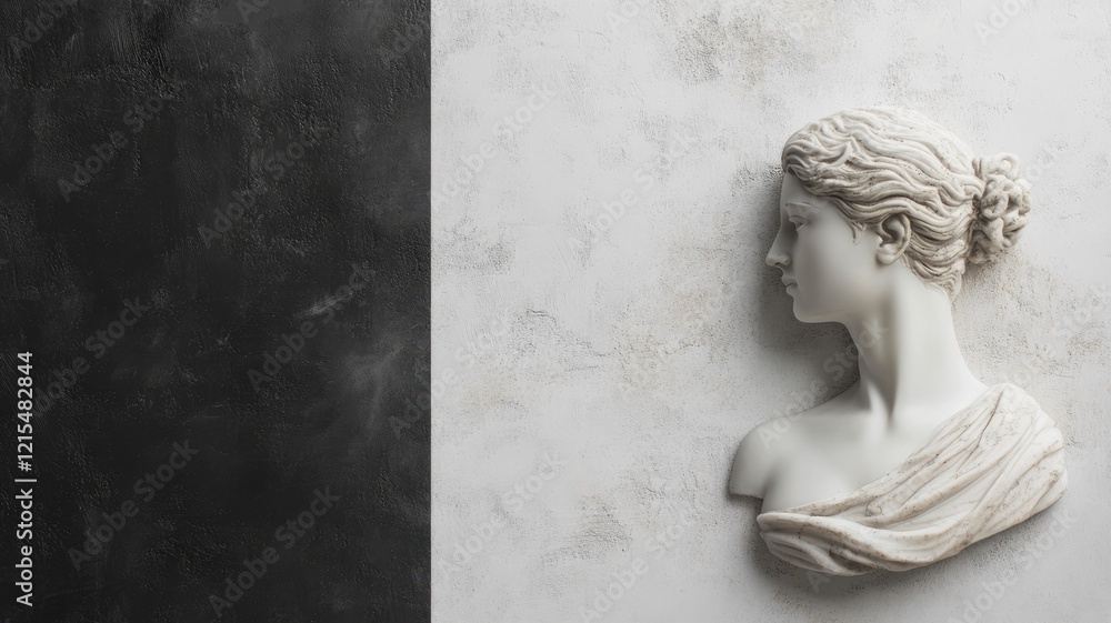 Naklejka premium Ancient Greek-style white stone female bust against monochrome background